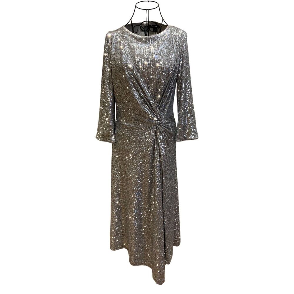 ST. JOHN Org. $1595 Twist-Front Sequined Tulle Midi Dress Silver Size 6